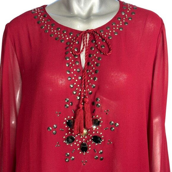 Diane Gillman Boho Sheer Red Tunic Beaded Rhinestone Embellishments & Tassel Tie - Picture 5 of 6